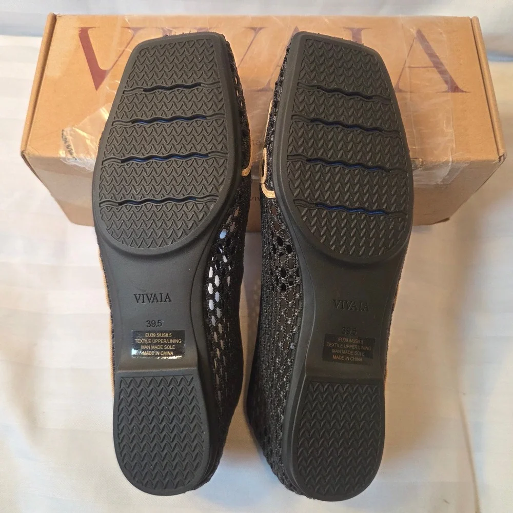 VIVAIA Makayla Black Natural Mesh Embroidered Square Toe Flats EU 39.5 US 8.5